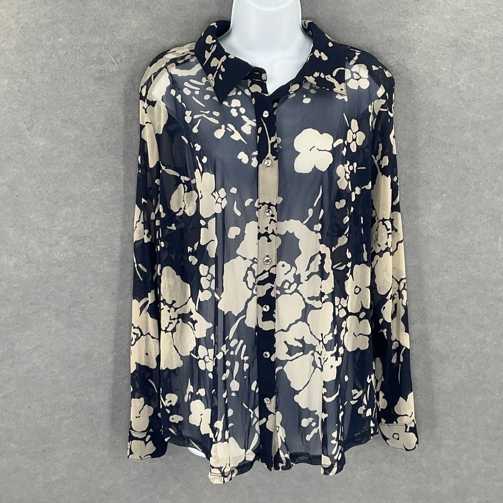 INC‎ International Concepts Woman Top Sz 2X Mesh Floral Button Up Navy Beige